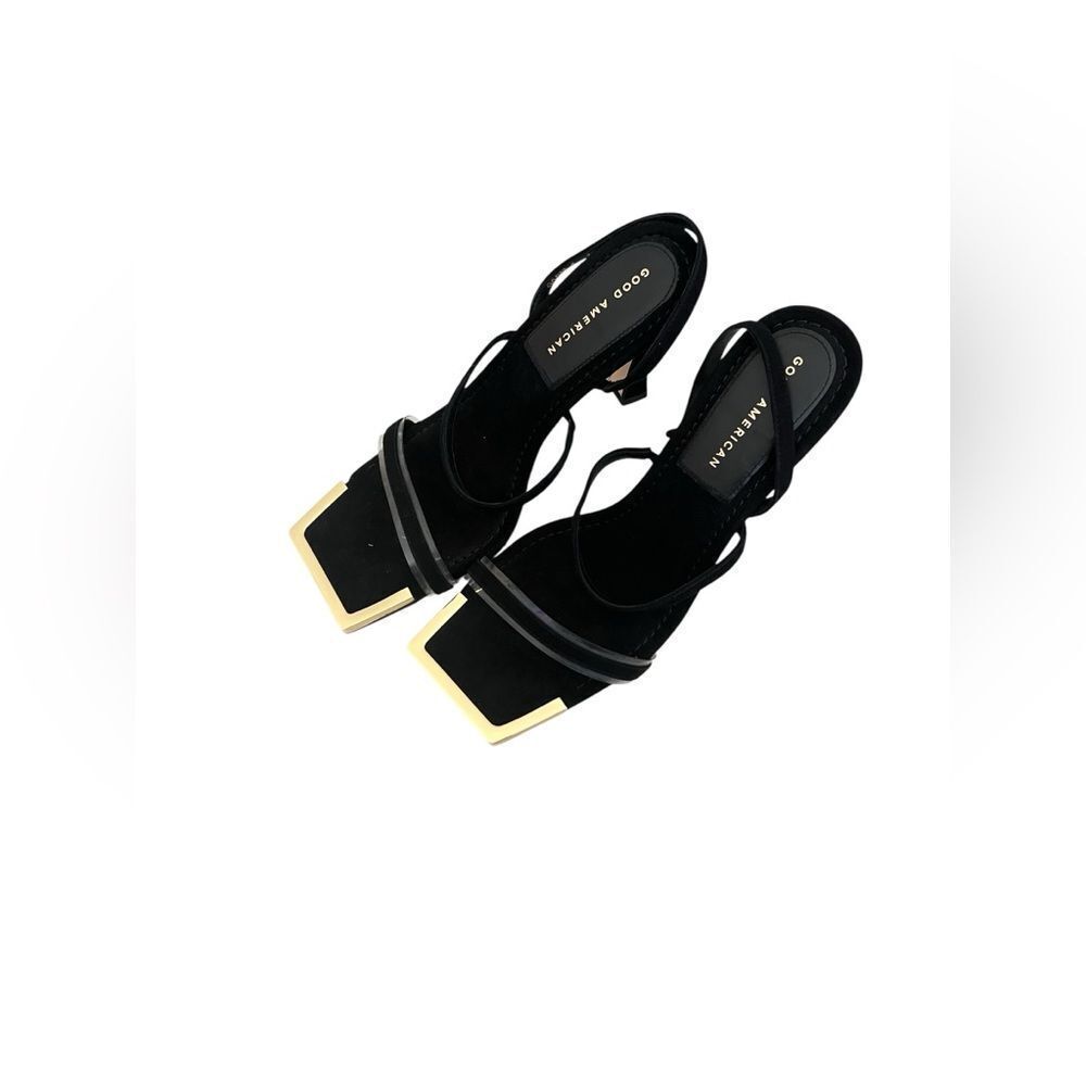 GOOD AMERICAN Velvet Strappy Heels Gold Square Toe Accent